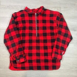 Vtg Marlboro Fleece Pullover Mens Red Black Buffalo Plaid Quarter Zip Jacket‎ L